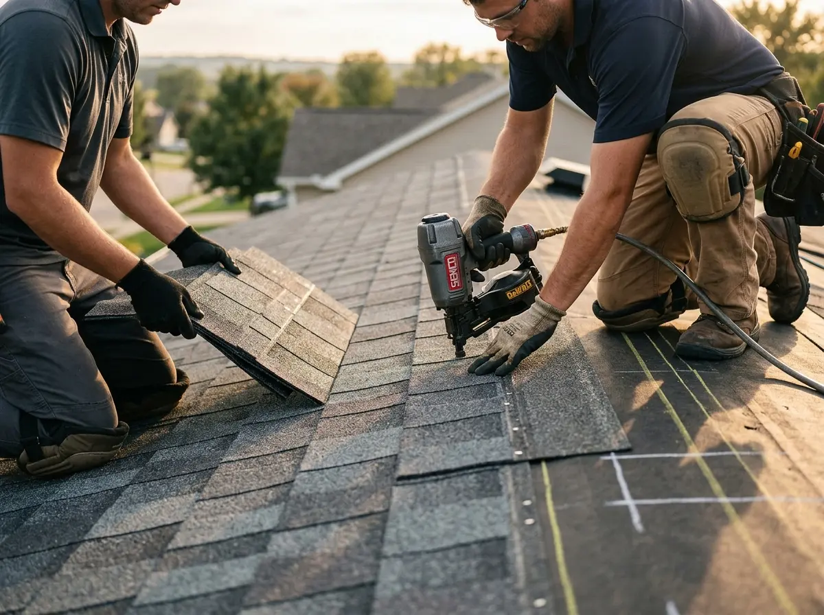 Professional roofer working on a residential roof in Strasburg